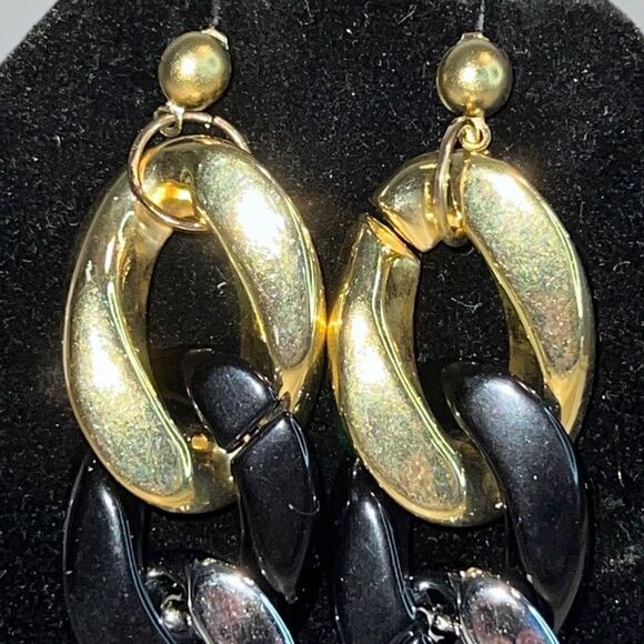 Tri ￼ Colored Long Chunky Chain Earrings Gold Tone Silver Tone & Black NWT - Picture 2 of 6